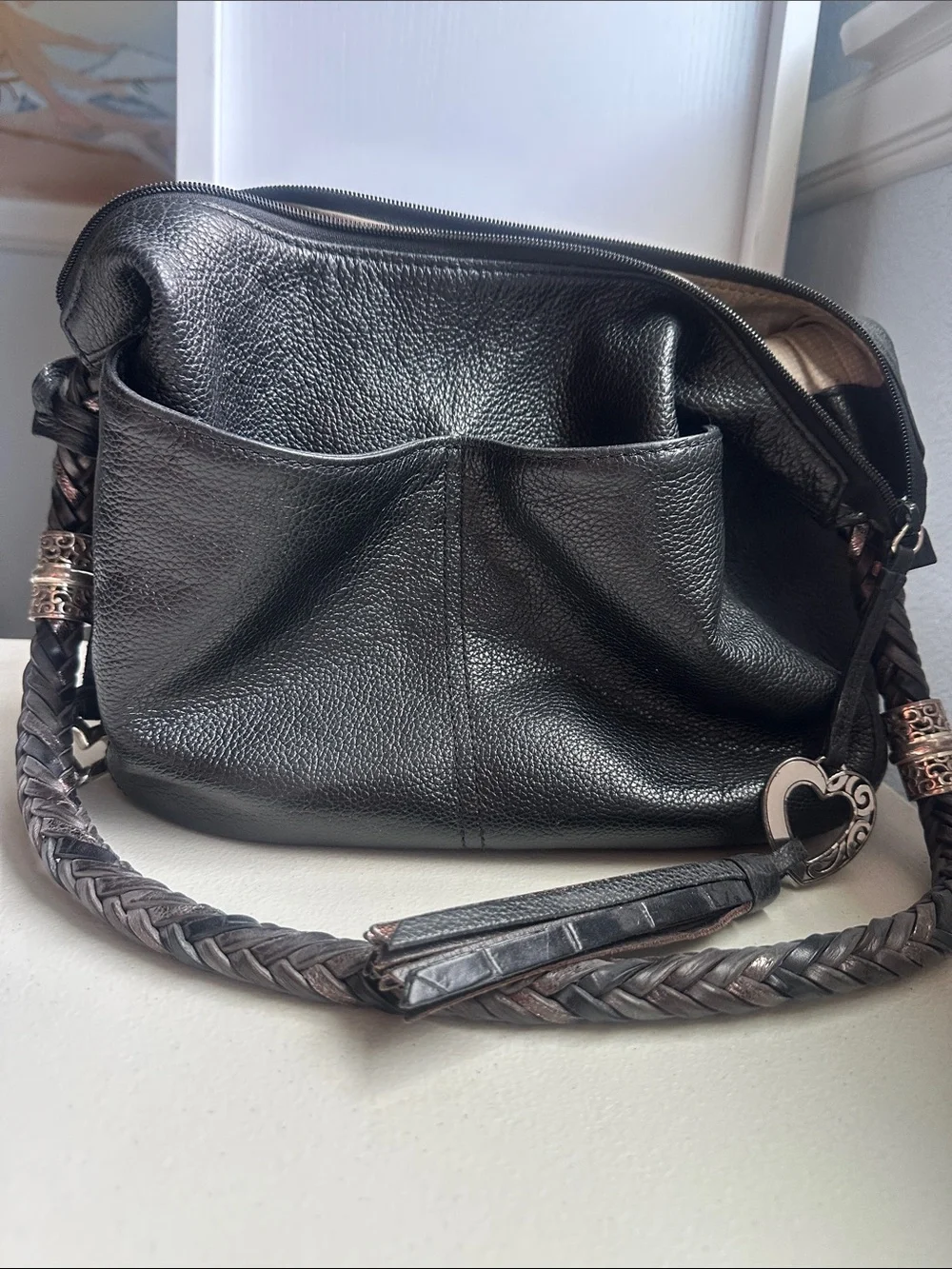 Brighton Black Leather Shoulder Bag with Braided Strap and Heart Charm